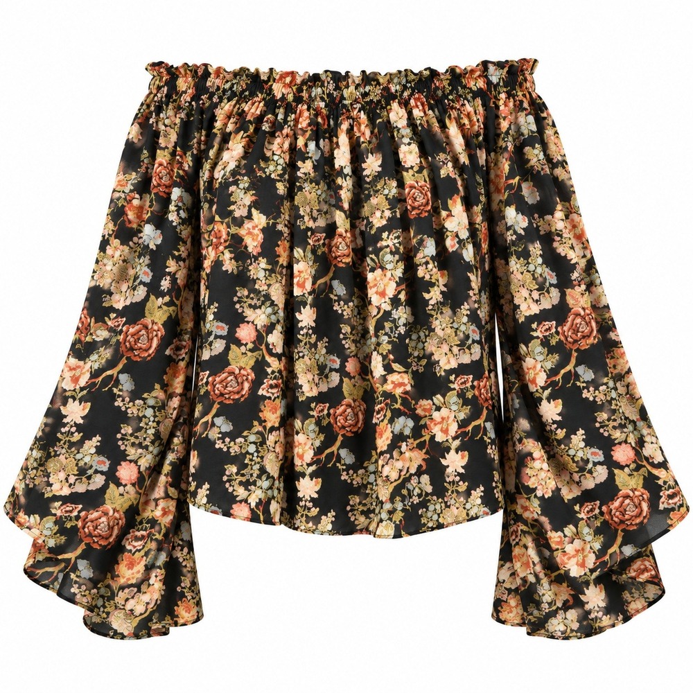 Black Floral Off Shoulder 3X Dramatic Bell Sleeve Boho Romantic Cottagecore